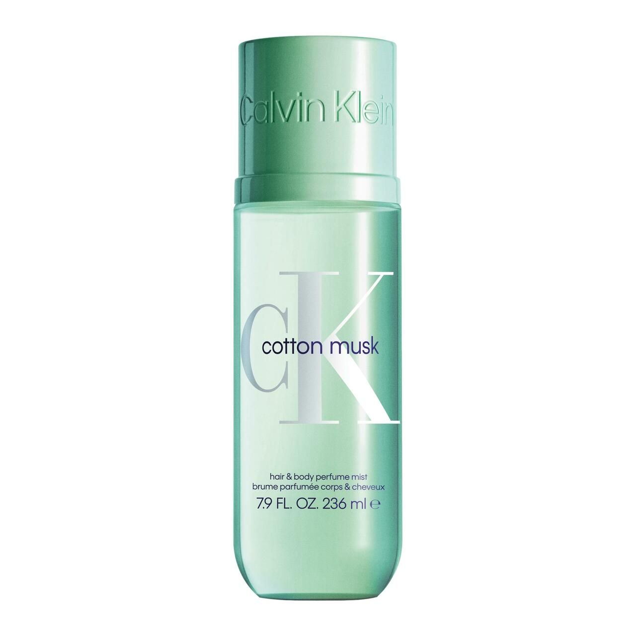 Groene spuitfles. Opschrift Calvin Klein, cotton musk. 79 FL. OZ. 236 ml.