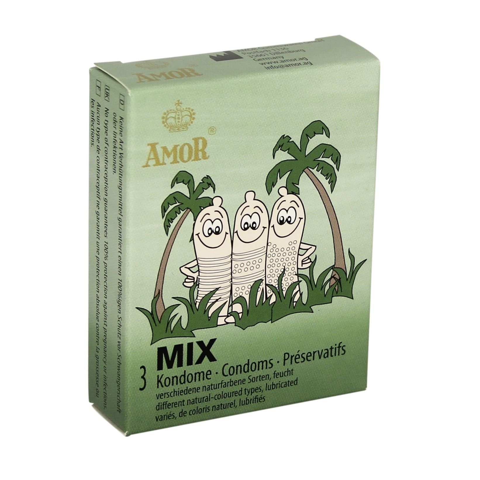 Boîte verte de préservatifs AMOR MIX. Contient 3 préservatifs de différents types. Illustration de trois préservatifs sous des palmiers.