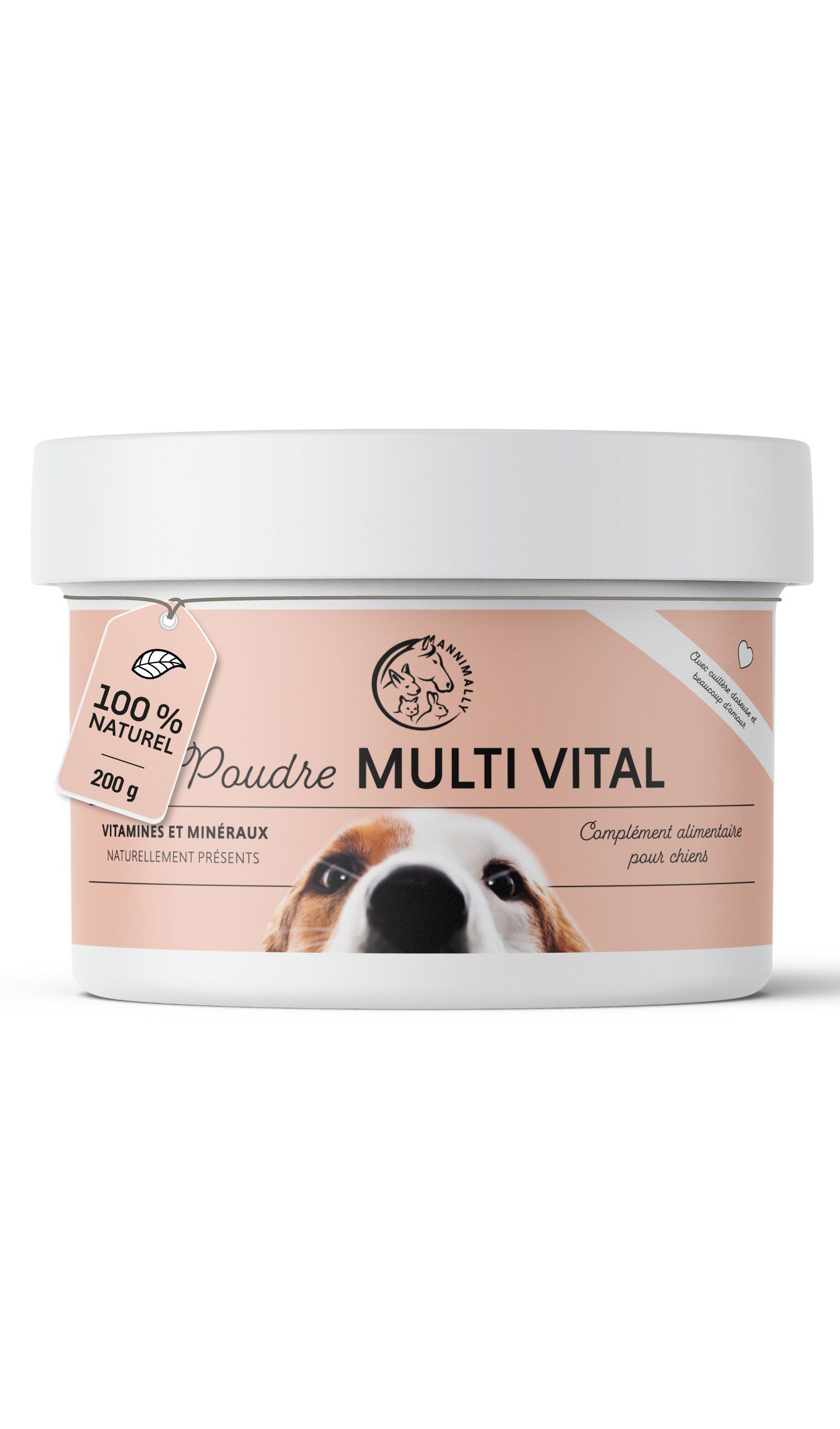 Pot de poudre Multi Vital pour chiens. Étiquette avec 100% naturel et 200g. Logo avec chien, chat et cheval.