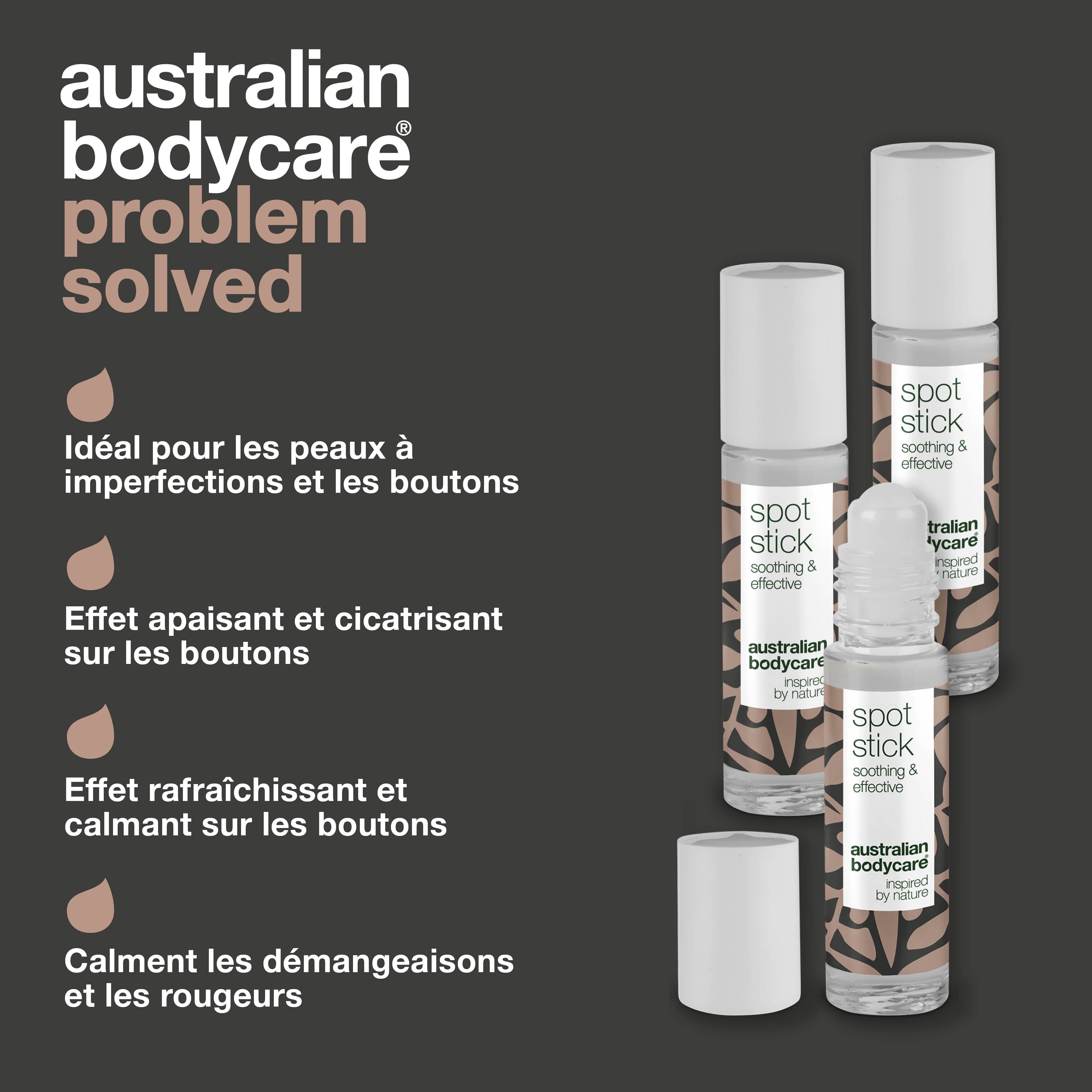 Présentation problème-solution. Visible : Spot Stick, apaisant & efficace, Australian Bodycare.