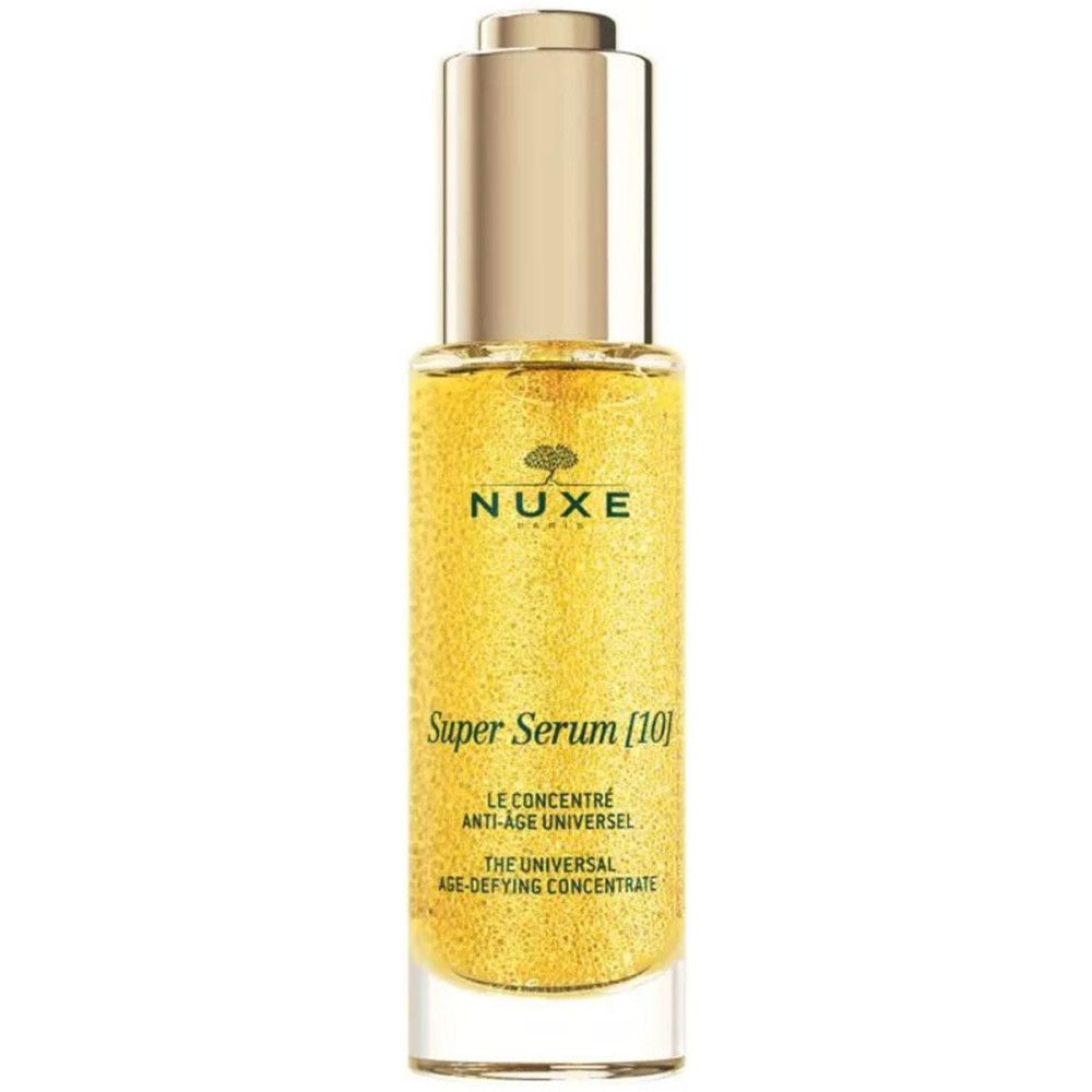 Geelachtige serumfles met gouden dop. Opschrift: NUXE Super Serum [10].