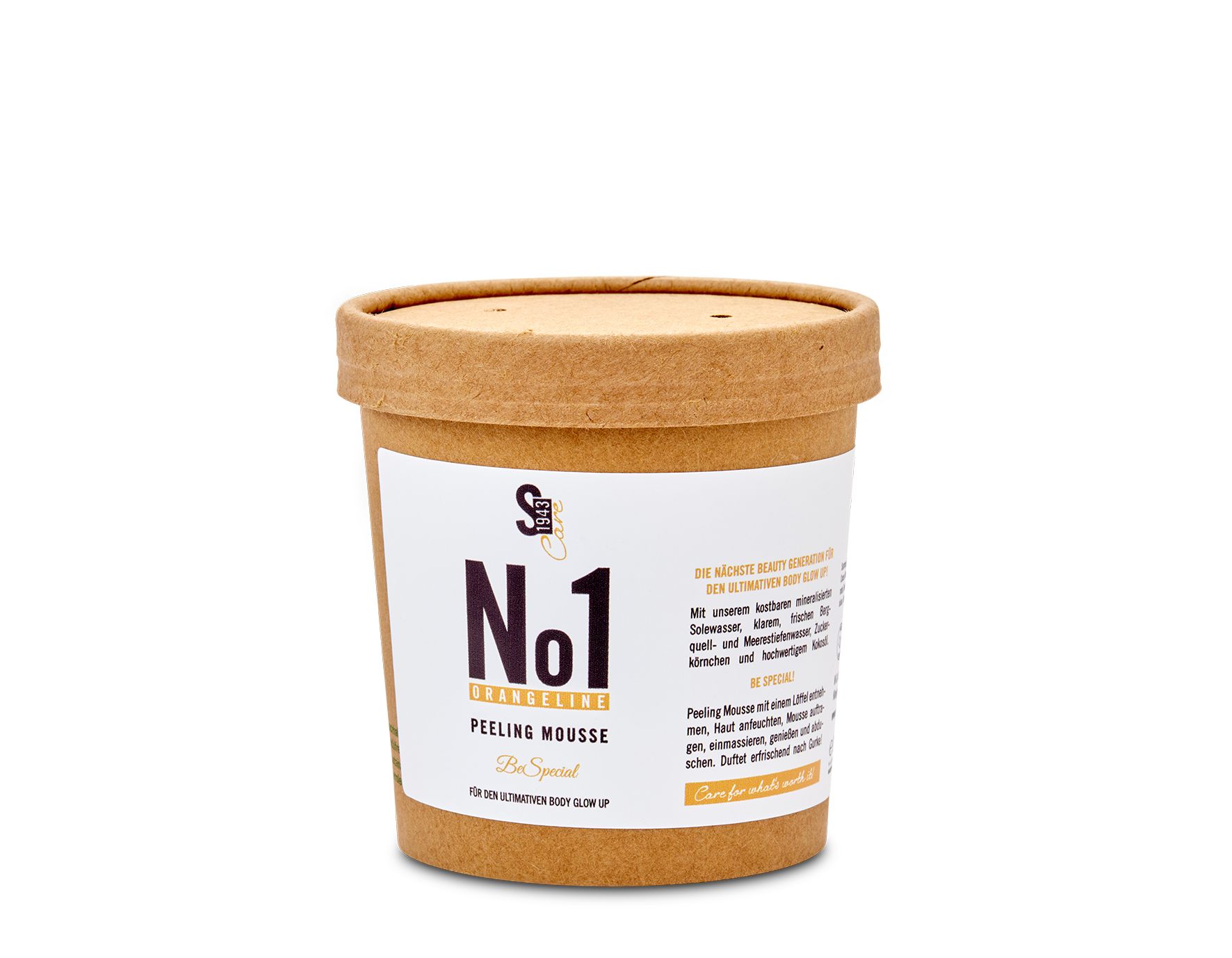 Pot brun en carton avec étiquette blanche indiquant « No.1 Peeling Mousse ».