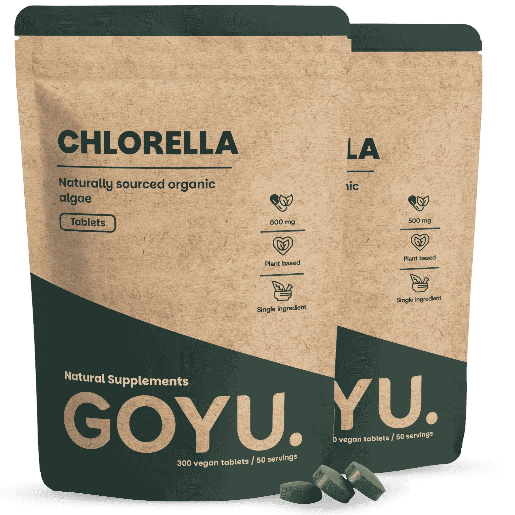 Twee pakken Chlorella Tabletten, 500 mg, Bio. Bruine zakken met groene opdruk.