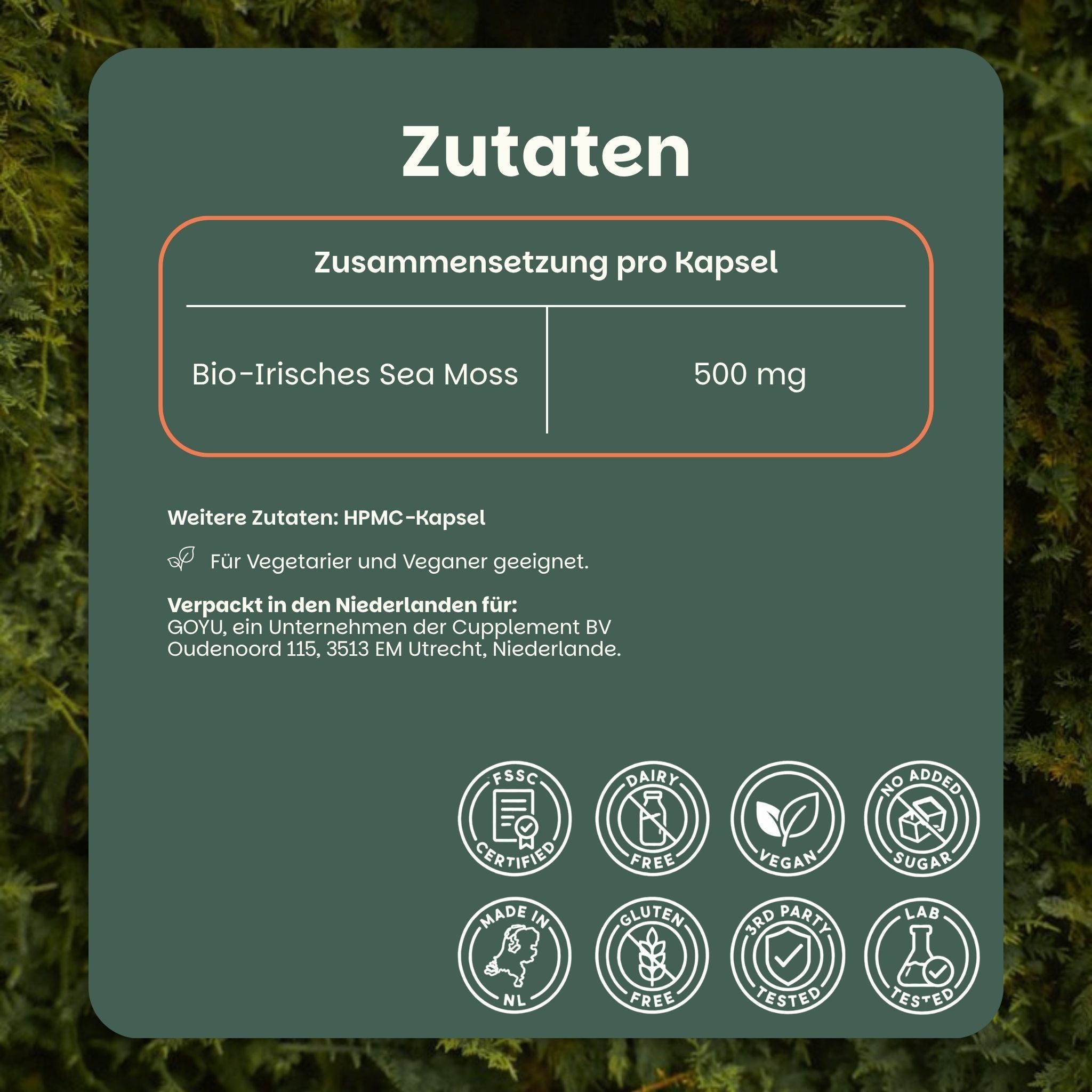 Aperçu des ingrédients : Seemoss irlandais bio 500 mg par gélule, gélule HPMC. Convient aux végétaliens.