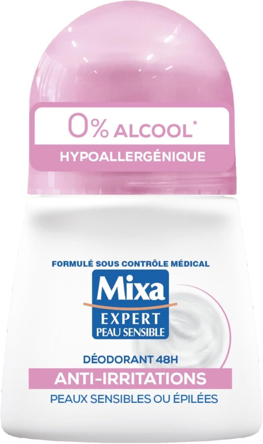Déodorant roll-on Mixa. Flacon blanc, capuchon rose. Inscriptions : 0% alcool, hypoallergénique, anti-irritations. Peaux sensibles.