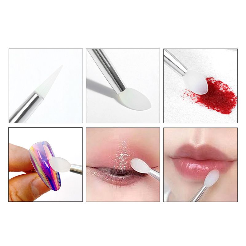 Six vues détaillées d'applicateurs en silicone utilisés pour les ongles, les yeux et les lèvres.