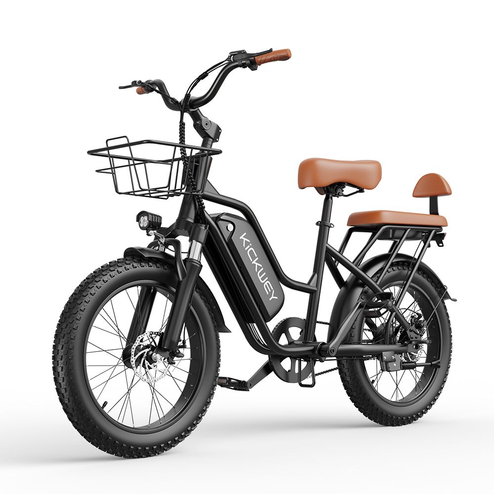 Vélo électrique noir avec selle marron et panier. Batterie avec logo KICKWEY. Vue latérale.