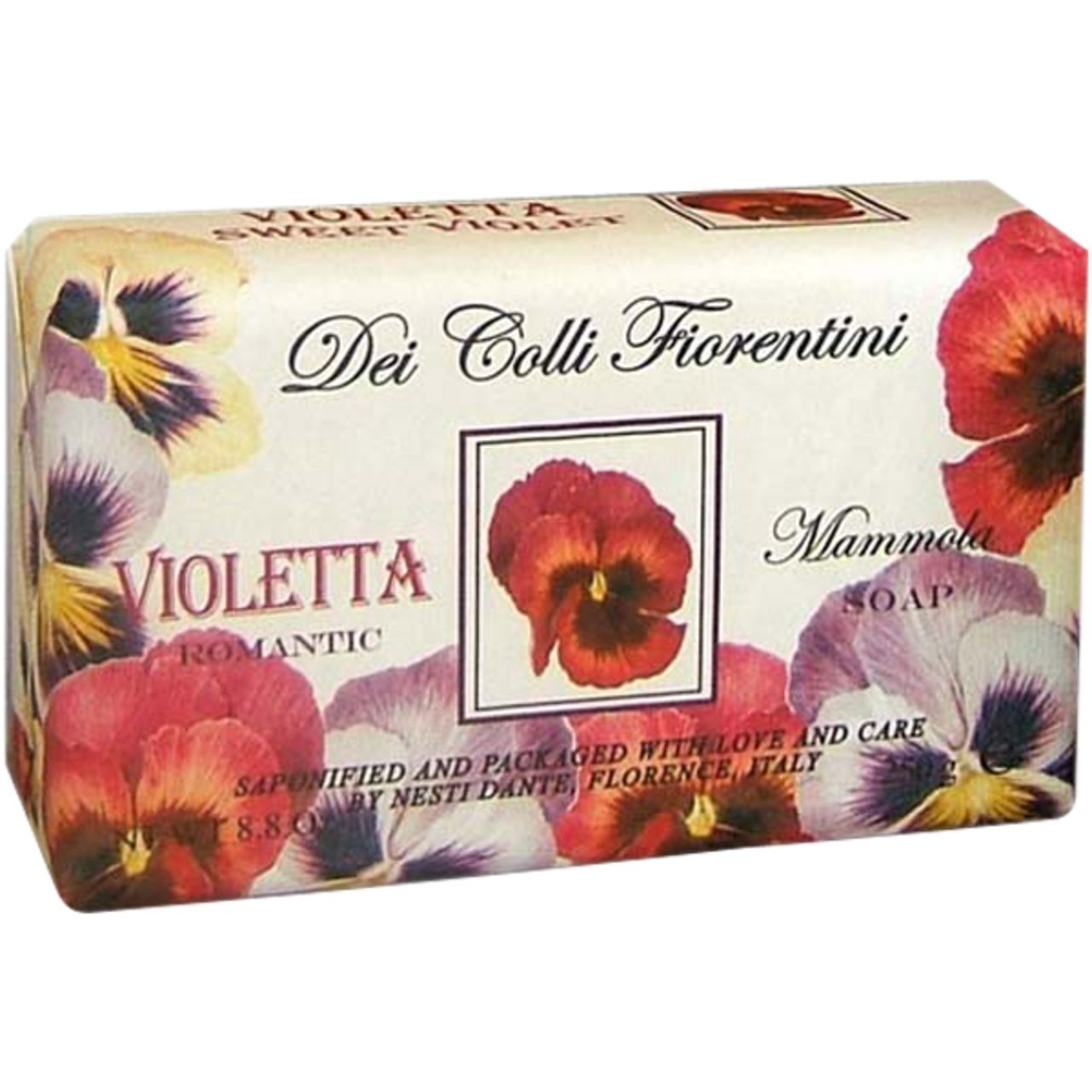 Zeep met bloemenmotief. Tekst: Dei Colli Fiorentini, Violetta Romantic, Mammola Soap. Verpakt met liefde en zorg.