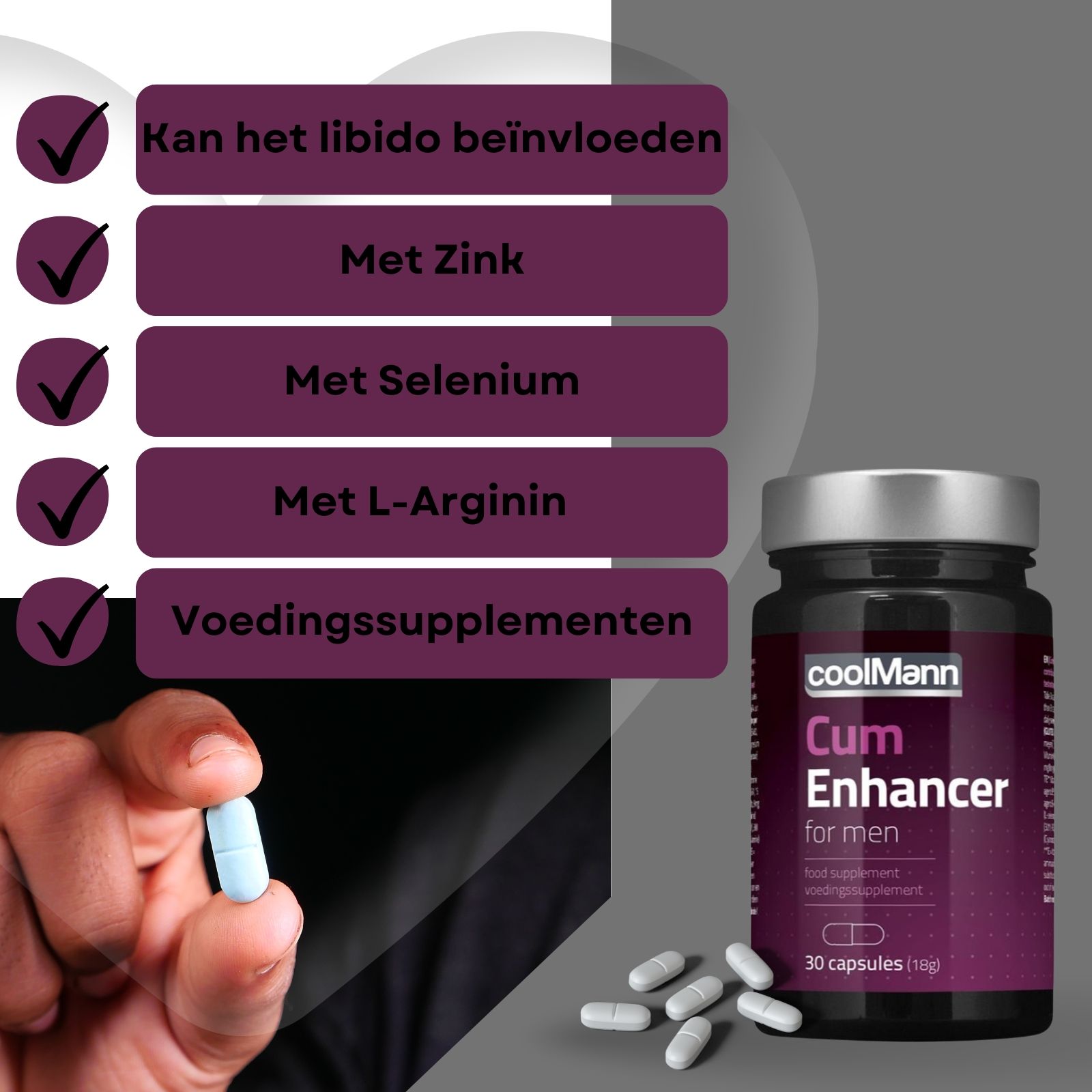 Productfles en verpakking. Tekst: "coolMann Cum Enhancer for men". Een capsule in de hand. Gespierde man op de achtergrond.