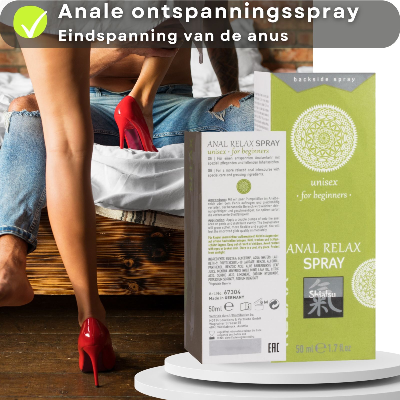 Product en paar. Verpakking met tekst. ANAL RELAX SPRAY, unisex, Shiatsu. 50 ml.