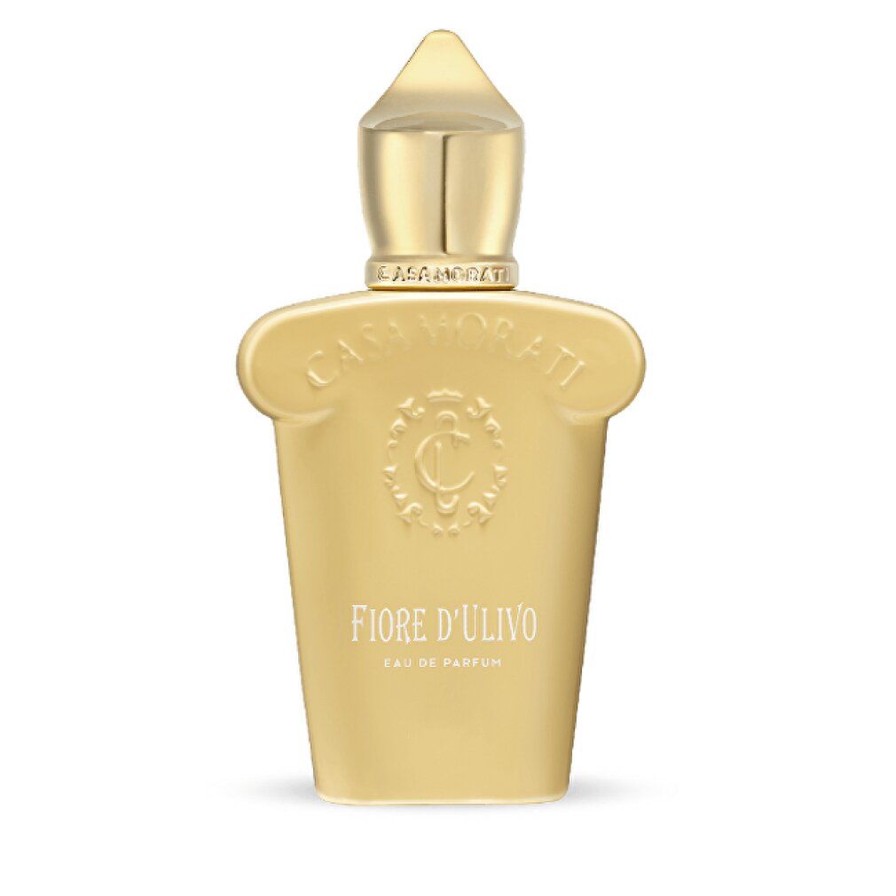 Flacon de parfum doré avec bouchon doré. Inscription 'Fiore d'Ulivo' et 'Eau de Parfum'.