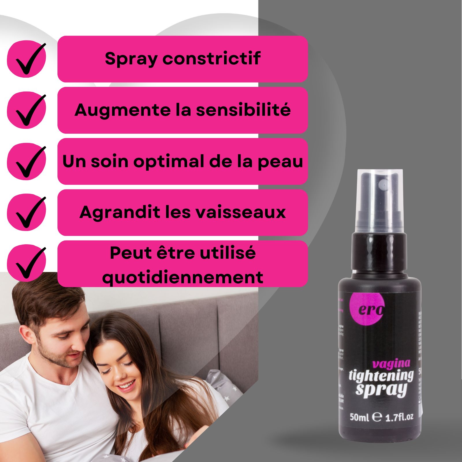 Flacon pulvérisateur noir et emballage. Couple s'embrassant. Texte avec avantages.