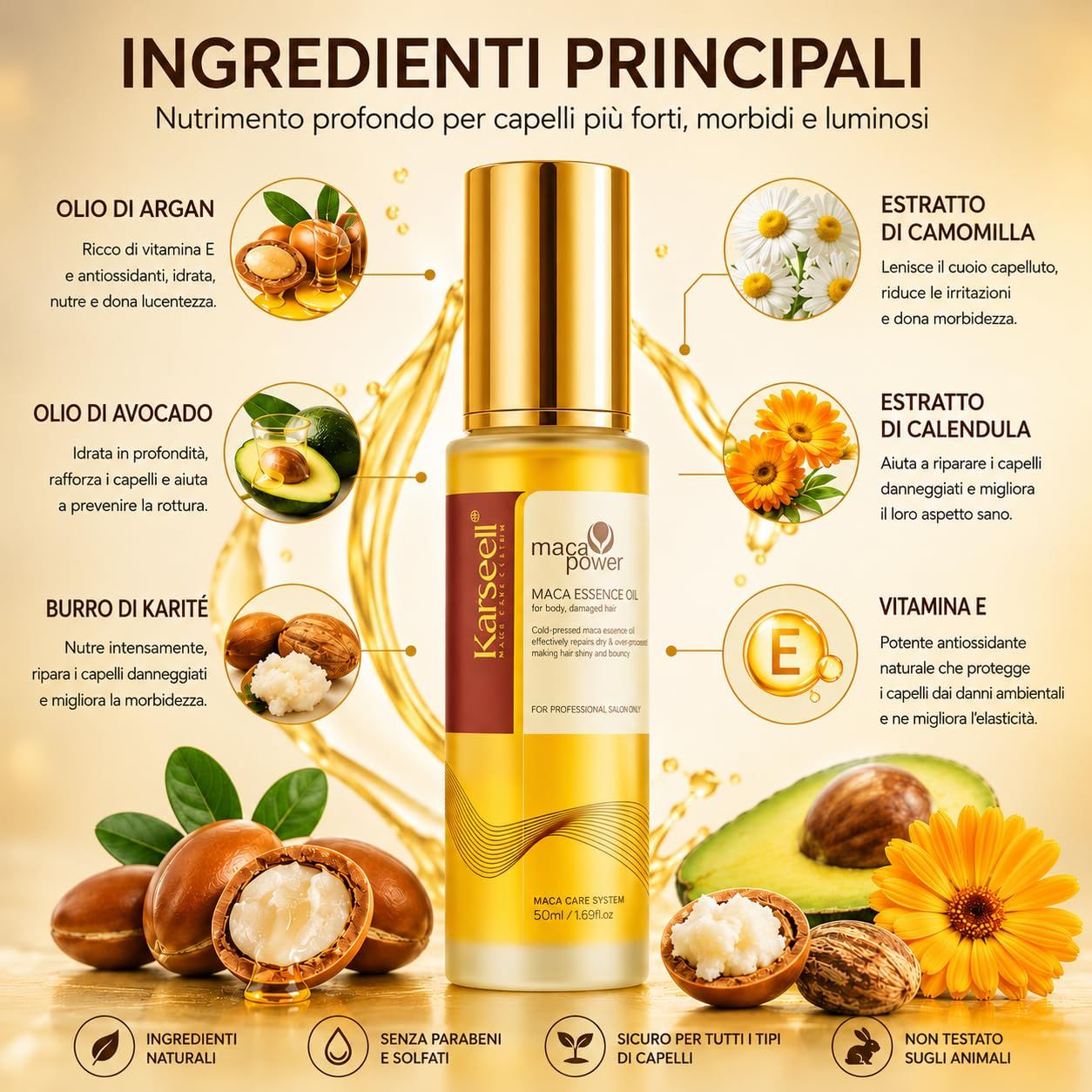 Fles Karaseell Maca Essence Olie met arganolie, avocado-olie, sheaboter, kamille- en calendula-extract en vitamine E.