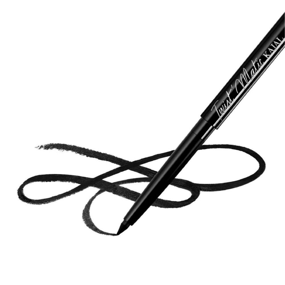 Crayon kajal noir traçant un trait incurvé. Inscription: Twist Matic Kajal.