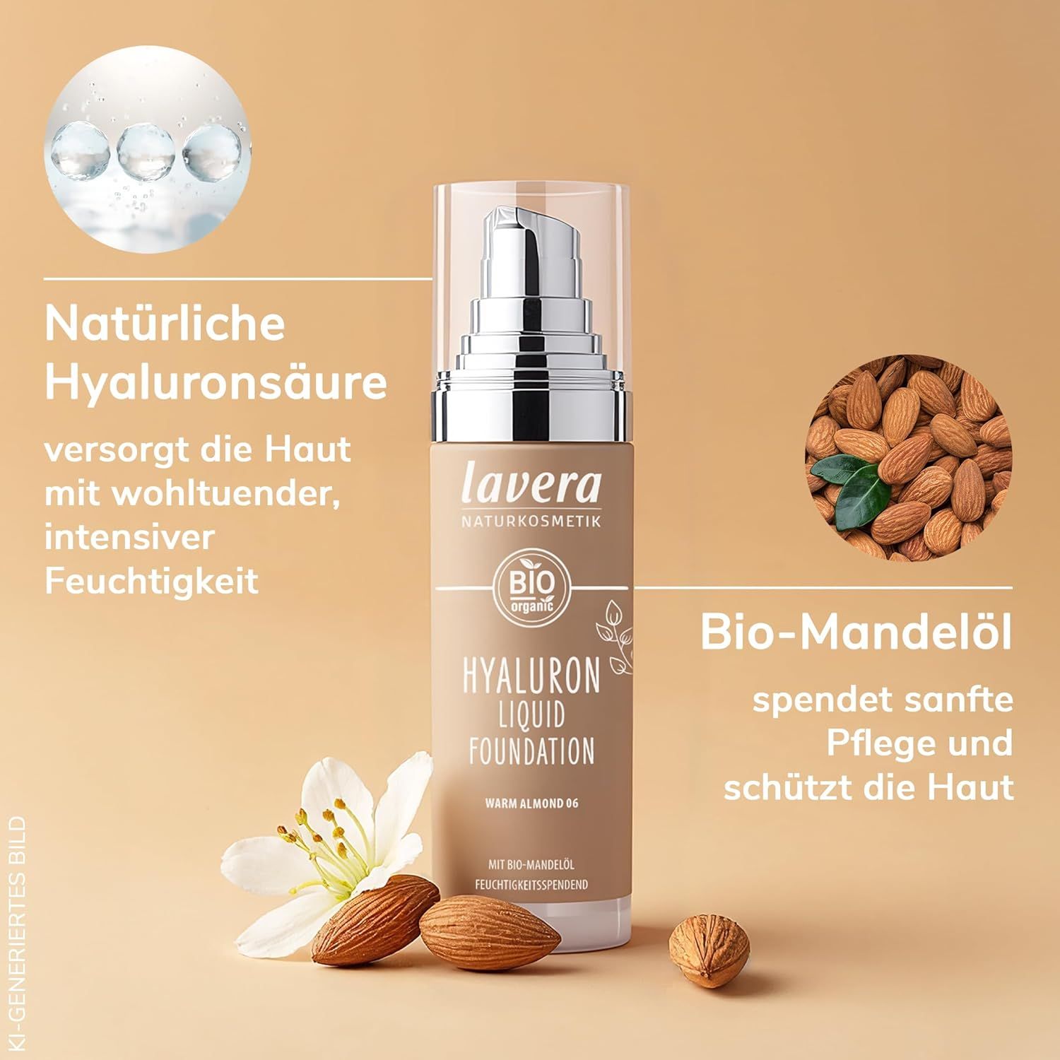 Lavera Hyaluron Liquid Foundation. Flacon avec pompe, à côté amandes et fleurs. Texte : Huile d'amande bio, acide hyaluronique.