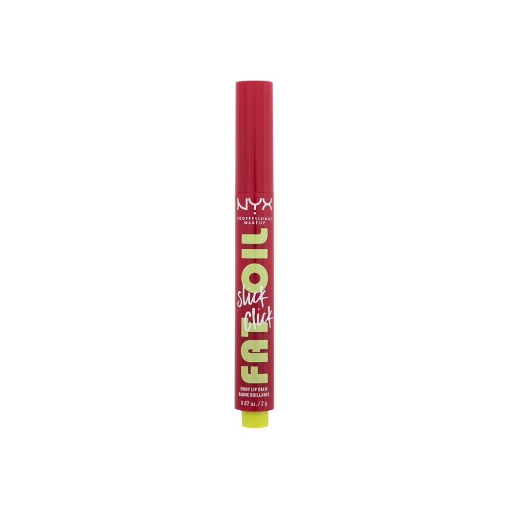 Rouge à lèvres rouge avec applicateur jaune. Inscription : NYX PROFESSIONAL MAKEUP FAT OIL slick click. 0,07 oz / 2 g.