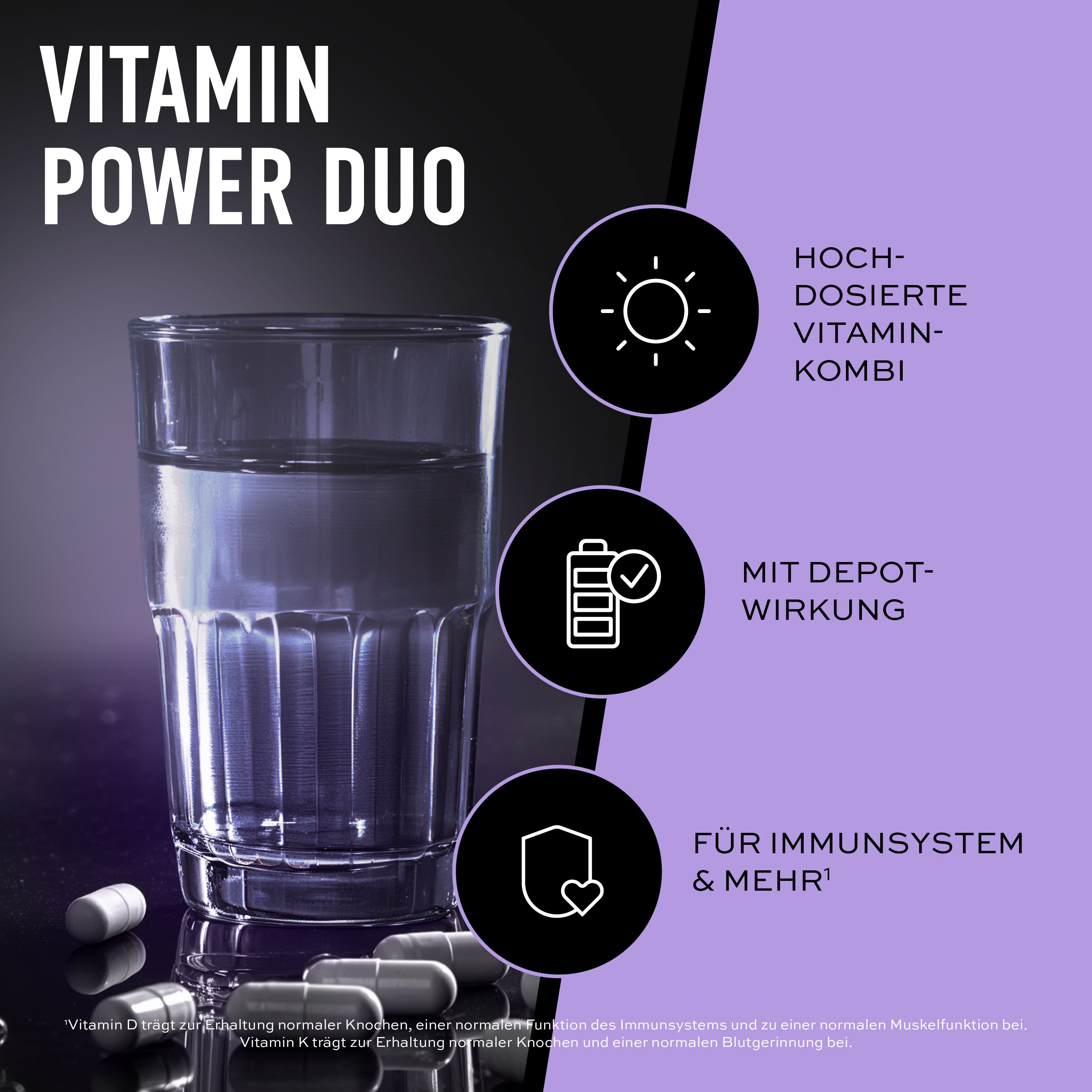 ESN Vitamine D3+K2: Glas water, capsules en iconen met teksten over hoge dosering, depot-werking en immuunsysteem.