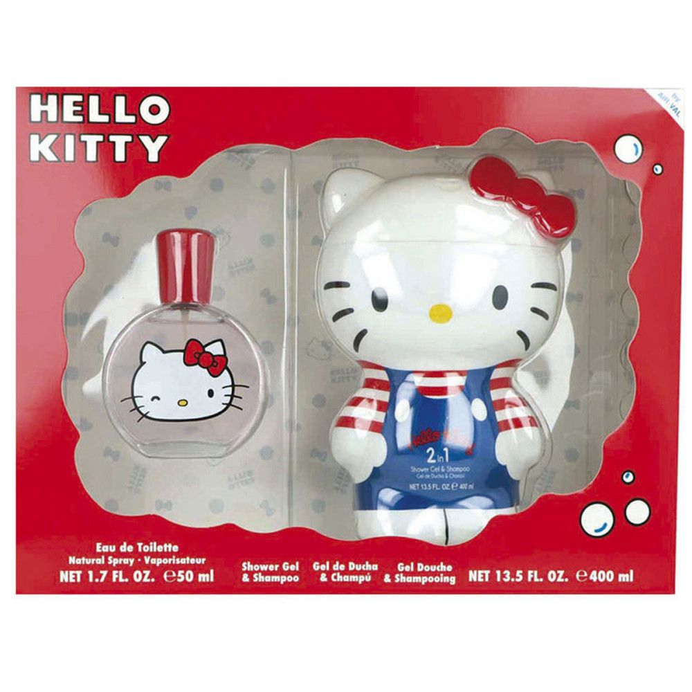 Coffret Hello Kitty. Eau de toilette et gel douche/shampooing en forme de Hello Kitty. Emballage rouge.