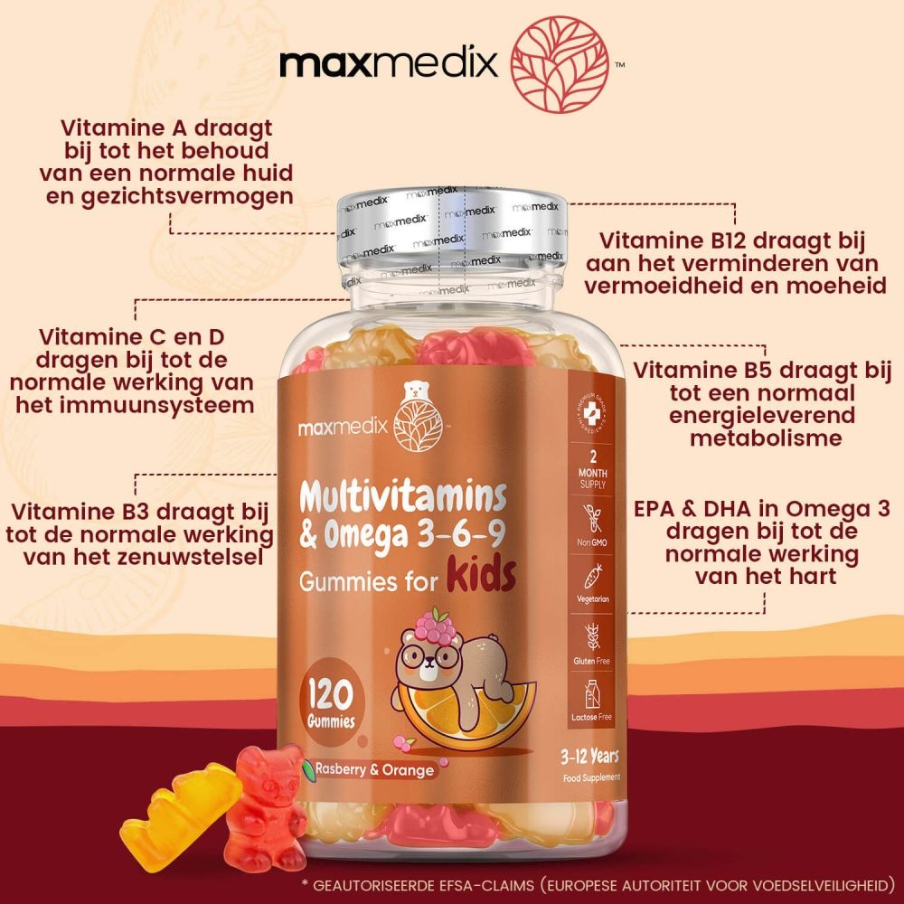Fles multivitamine gummies. Tekst: Vitamine A, B12, B3, B5, C en D. EPA & DHA in Omega 3. 3-12 jaar.