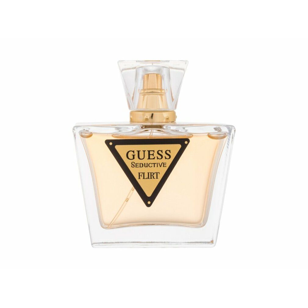 Guess Seductive Flirt fles. Vierkante fles met gouden sluiting en logo. Vloeistof in lichte tint.