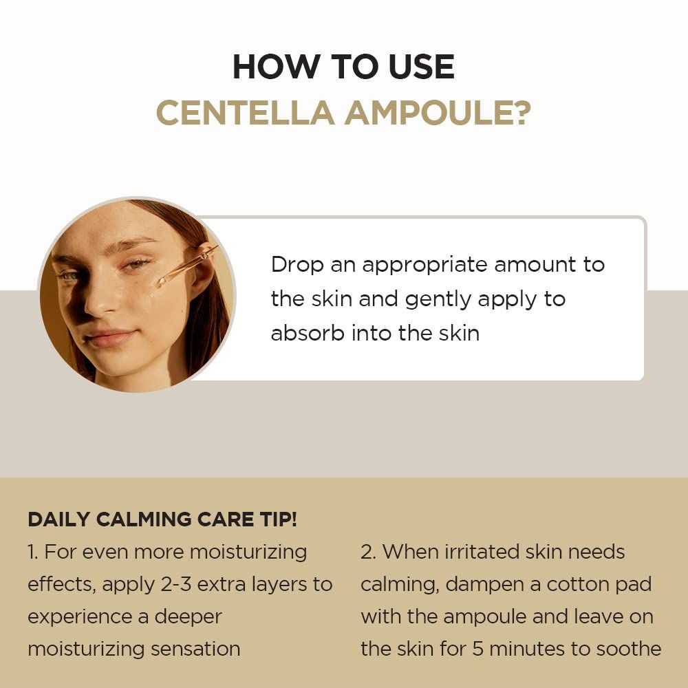 Infographic met instructies voor het gebruik van het product. Tekst: HOW TO USE CENTELLA AMPULE? Productnaam en gebruiksaanwijzing.