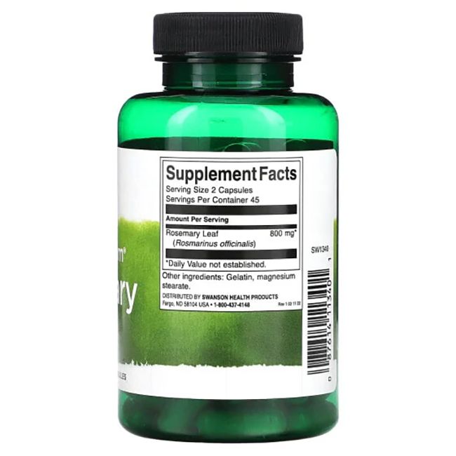 Achterkant van een groene fles met zwarte dop. Opschrift: Supplement Facts, rozemarijnblad, 800 mg.
