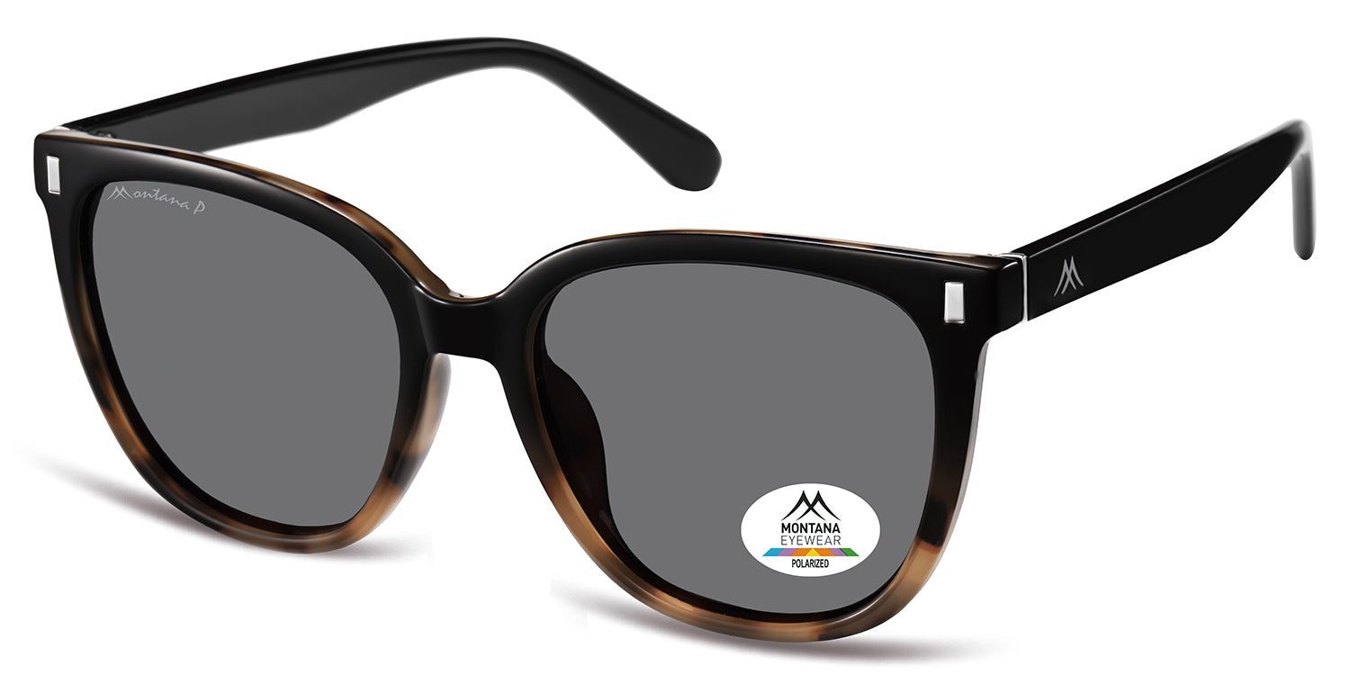 Zonnebril met zwart montuur en bruine accenten. Grijze glazen. Montana Eyewear logo en Polarized sticker.