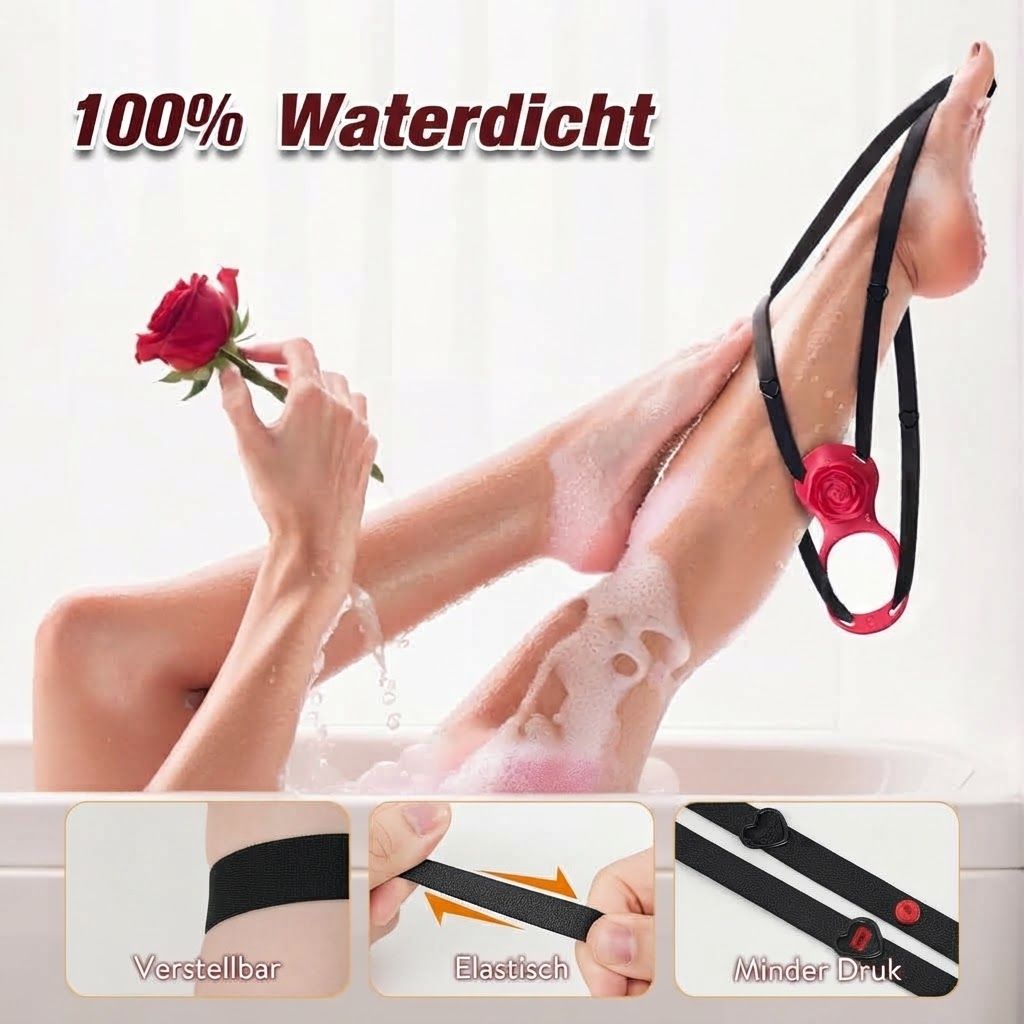 Een persoon in een badkuip met een rood rozenaccessoire aan het been. "100% Waterdicht" staat bovenaan.