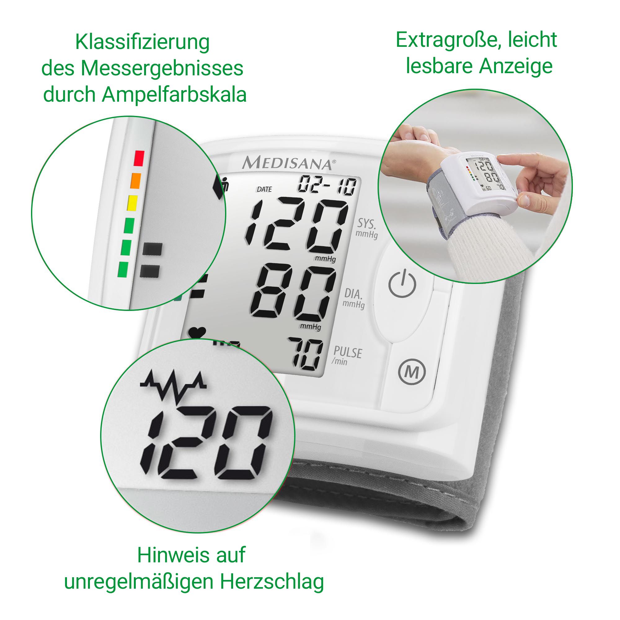 Medisana BW 320: display met kleurenschaal, onregelmatige hartslag, extra groot display.