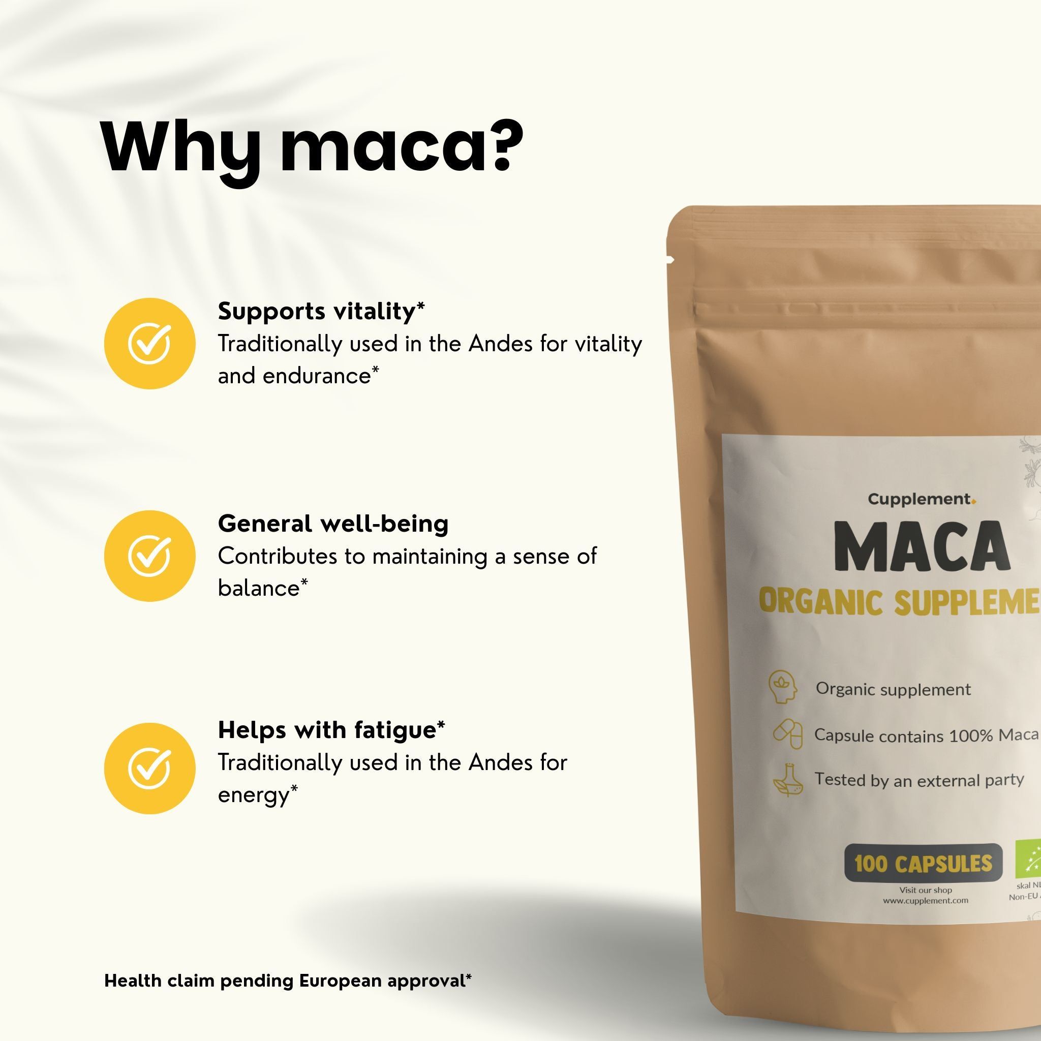 Sachet brun avec gélules. Impression: Maca, Compléments biologiques. 100 gélules. 500 mg par gélule. Certification.