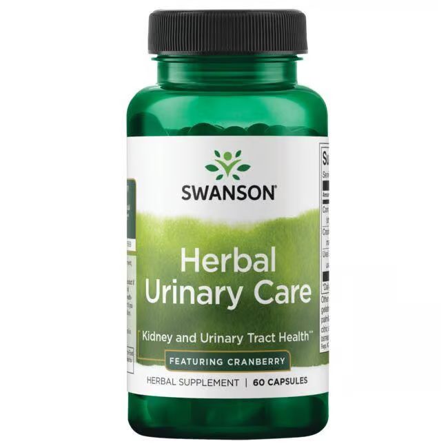 Flacon vert avec bouchon noir. Étiquette "SWANSON Herbal Urinary Care" et mention cranberry. 60 capsules.