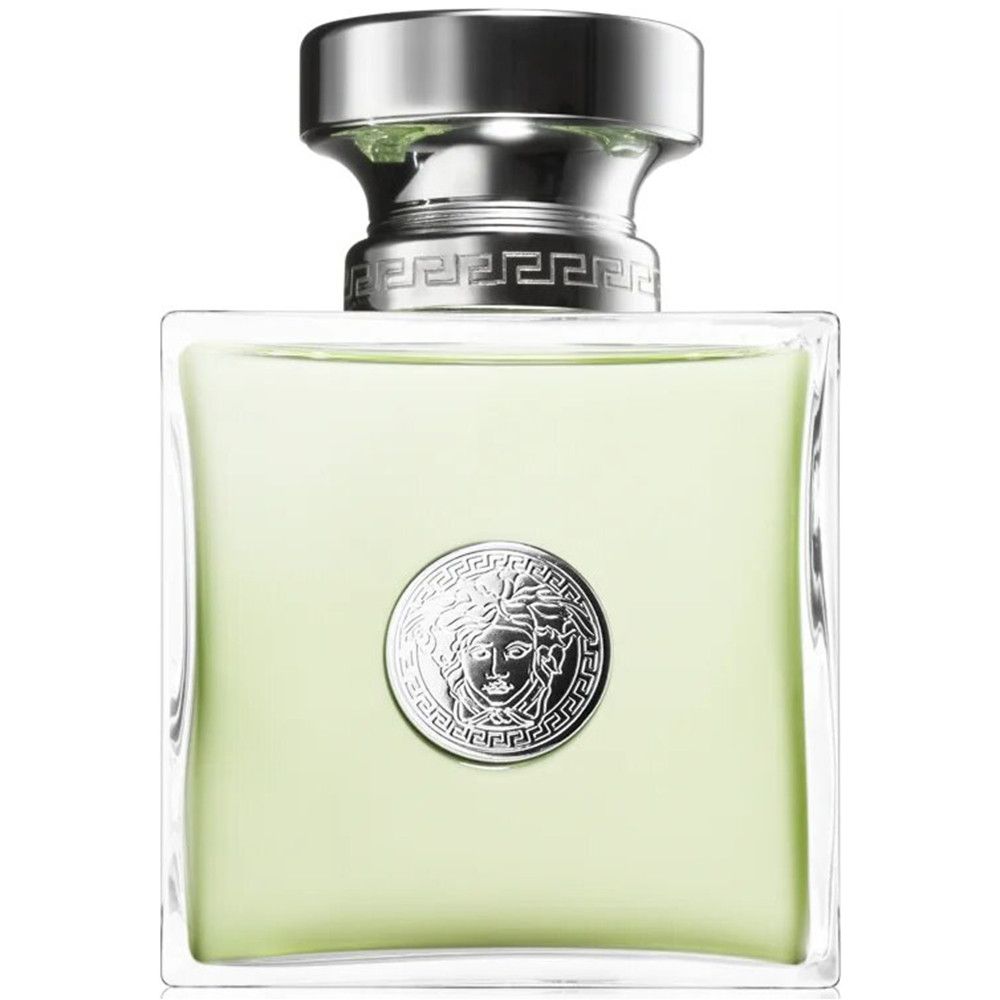 Versace Versense Eau de Toilette Spray. Flacon carré avec bouchon argenté. Logo sur le flacon.