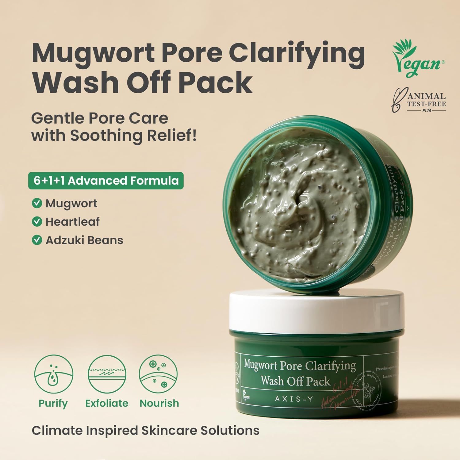 Groene pot met masker. Opschrift: Mugwort Pore Clarifying Wash Off Pack. Vegan en dierproefvrij zegel.