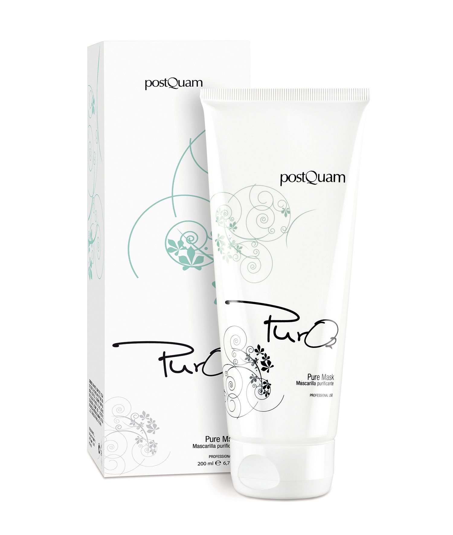 Witte tube en doos. Opschrift: Postquam, Pure Mask. Bloemenmotief. 200 ml.