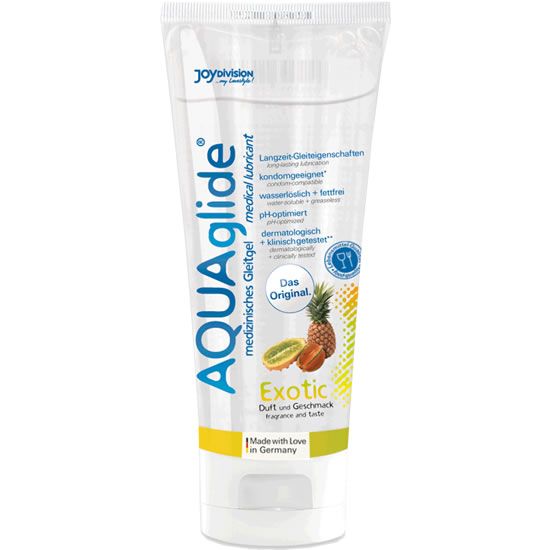 Transparante tube met blauwe tekst AQUAglide en 'Exotic'. Afbeeldingen van kiwi en ananas. 'Das Original'.