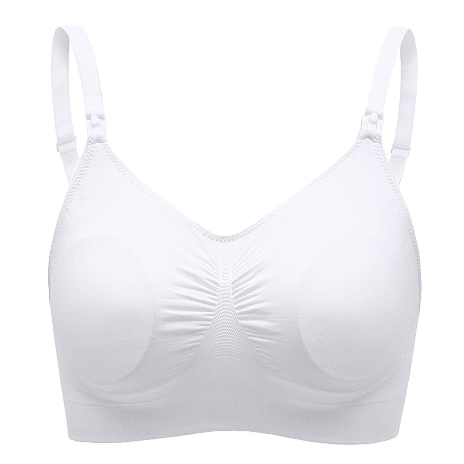 Witte voedingsbeha met voorgevormde cups en verstelbare bandjes. Naadloos design, licht gerimpeld onder de borst.