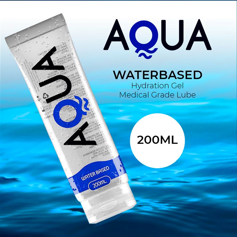 Aqua waterbased hydratatiegel, medische glijmiddel, 200ml, op blauwe achtergrond.