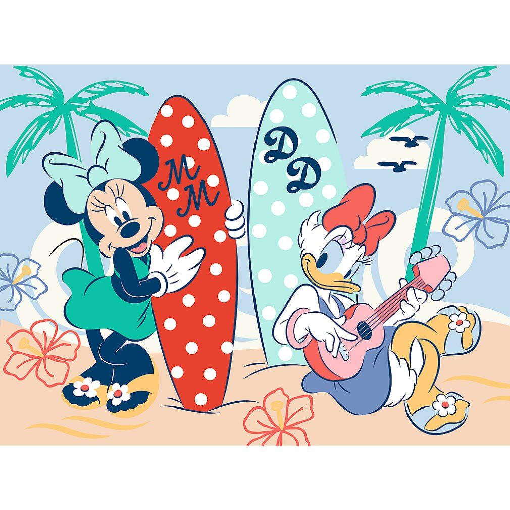 Puzzle Minnie. Scène de plage avec Minnie et Daisy. Planches de surf, palmiers et fleurs. 30 pièces.