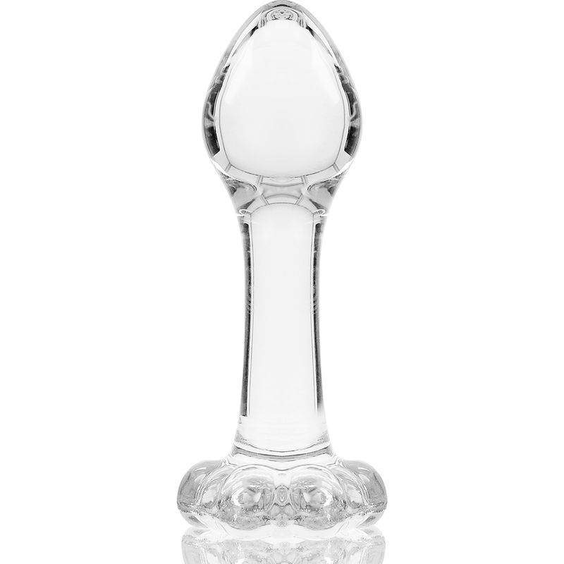 Plug anal en verre transparent avec une base large et détaillée et une tige fine.