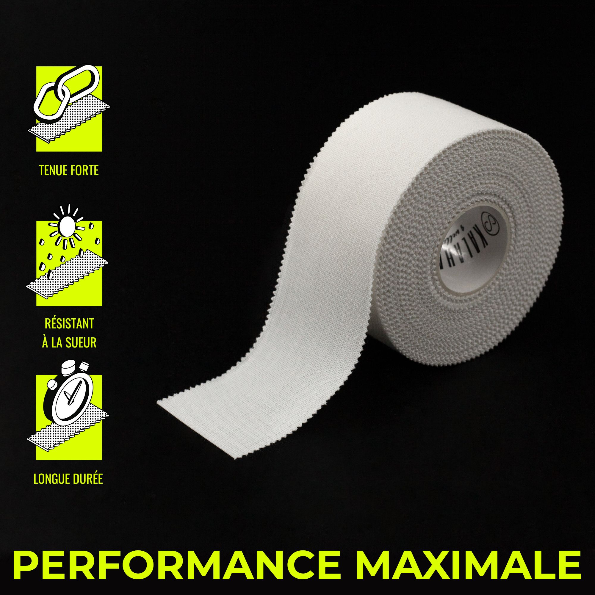 Un rouleau de ruban de sport blanc avec des icônes pour 100% coton, respirant et hypoallergénique.
