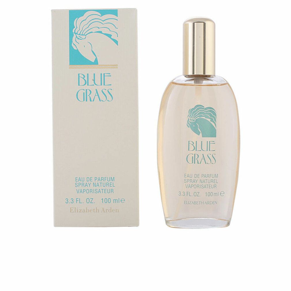 Glazen fles en doos. Fles met gouden dop, opschrift "BLUE GRASS". Tekst: Eau de Parfum, Spray Naturel, Vaporisateur. Merk: Elizabeth Arden.
