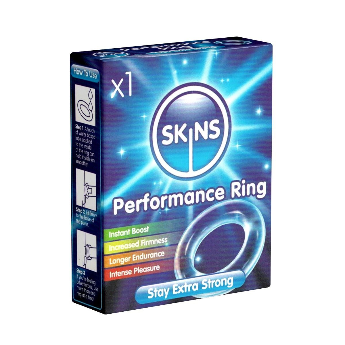 Boîte de SKINS Performance Ring. Inscriptions: Instant Boost, Increased Firmness, Longer Endurance, Intense Pleasure. 'Stay Extra Strong'.