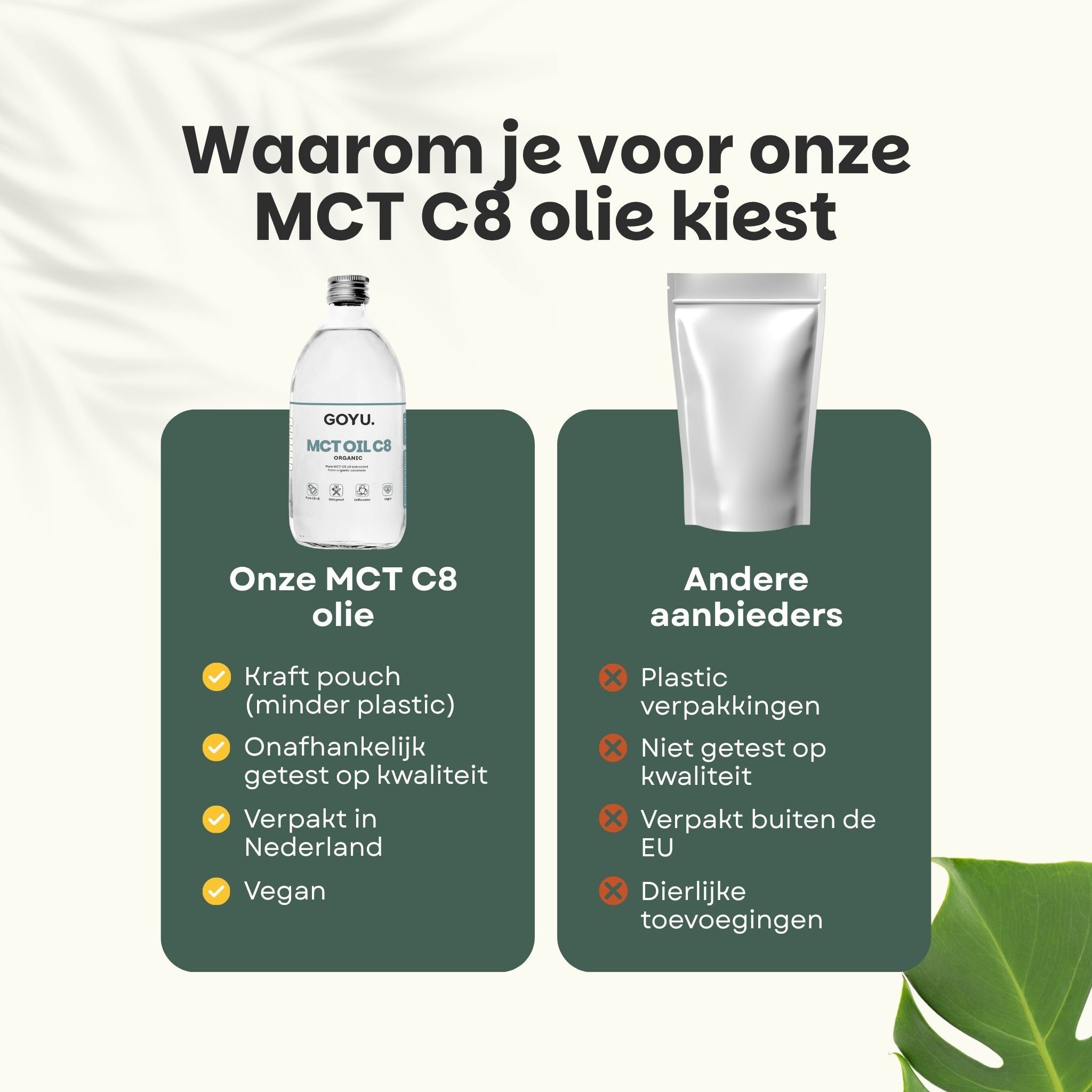 Fles MCT olie met tekst over hoge kwaliteit en herkomst.