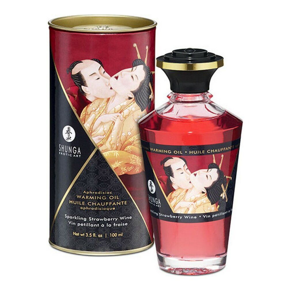 Flacon et boîte rouges avec étiquettes. Inscription : Shunga, Huile chauffante, arôme fraise. Illustration d'un couple s'embrassant.