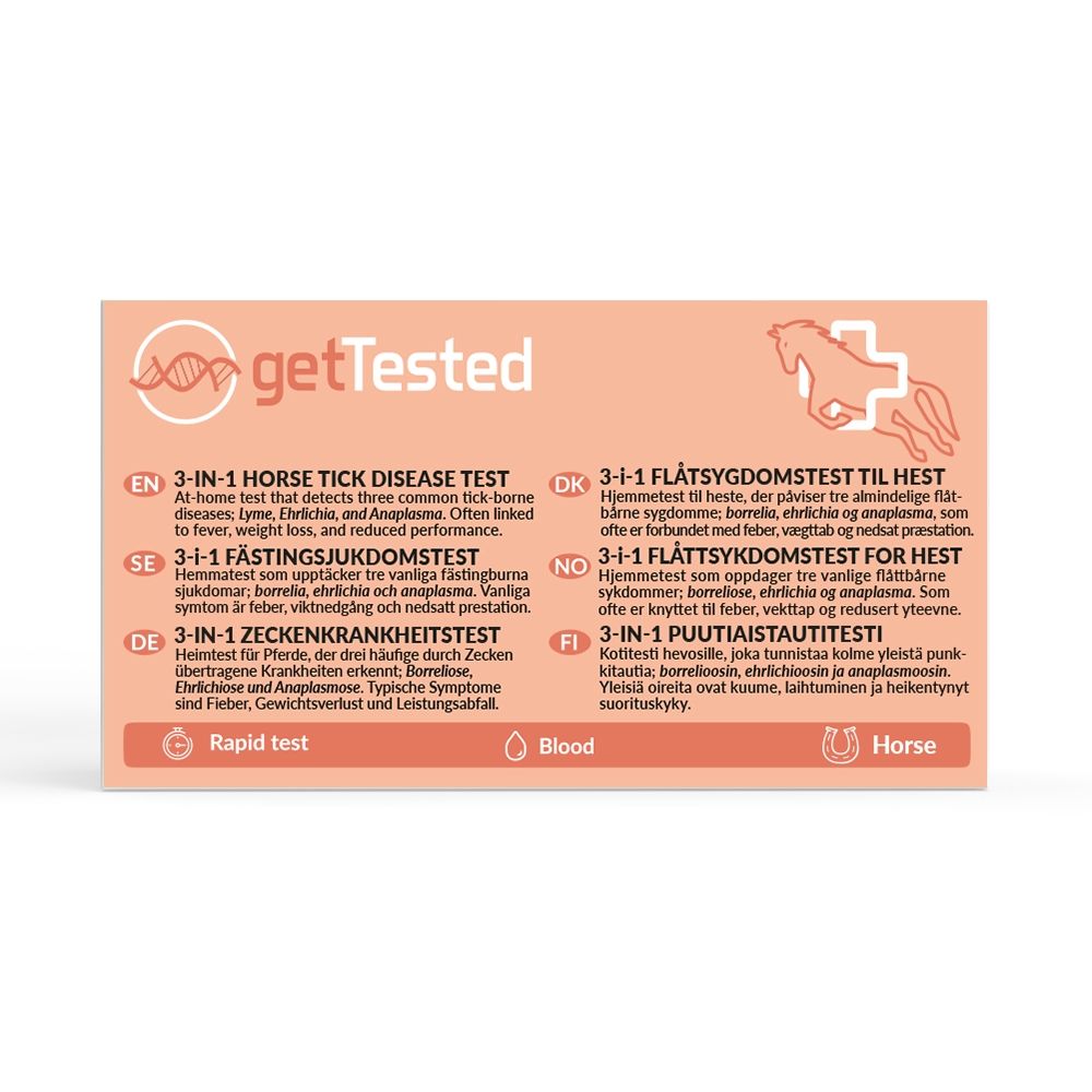 Verpakking voor een 3-in-1 paarden tekenziektetest. Detecteert Borrelia, Ehrlichia en Anaplasma. Met logo en tekst.
