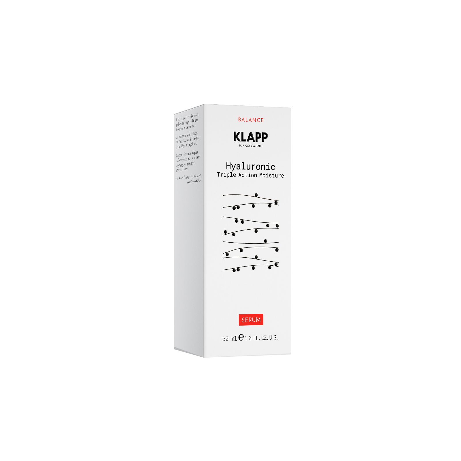 Witte verpakking met opschrift: KLAPP, Hyaluronic Triple Action Moisture, Serum. Zwarte lijnen en punten.