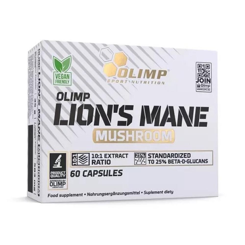 Boîte blanche "Olimp Lion's Mane Mushroom". Label végan. Texte: Extrait 10:1, 25% bêta-glucanes, 60 gélules. Code QR.