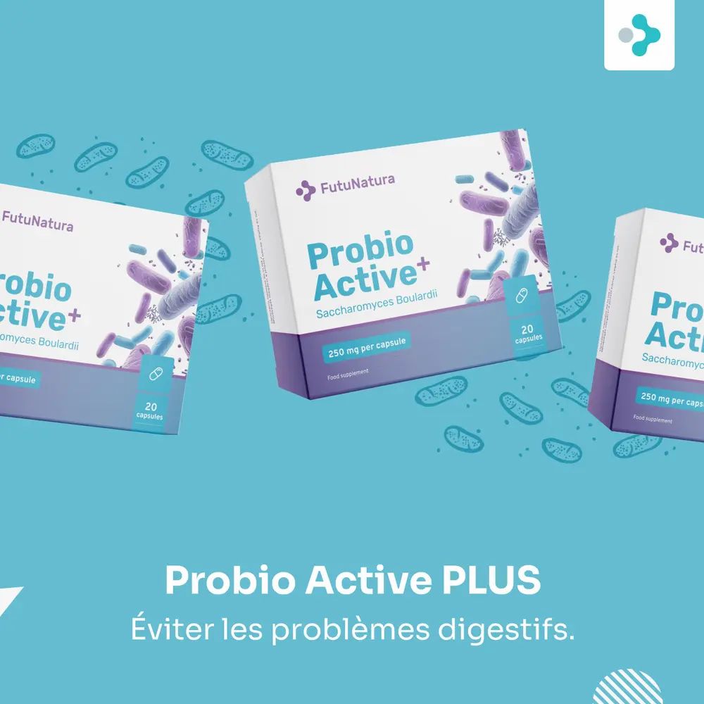 Trois boîtes FutuNatura Probio Active PLUS avec des bactéries stylisées.