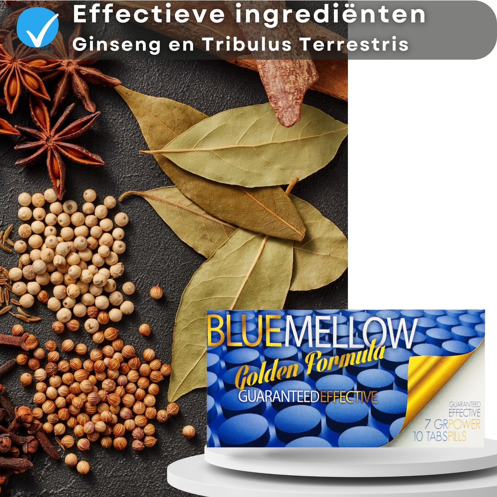 Diverse kruiden en productverpakking. Opschrift: BLUE MELLOW Golden Formula. 7 GR POWER, 10 TABS/PILLS.