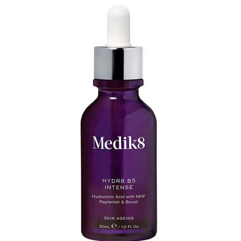 Flacon en verre violet avec pipette. Logo Medik8 et nom du produit. Texte : HYDR8 B5 INTENSE, Skin Ageing.